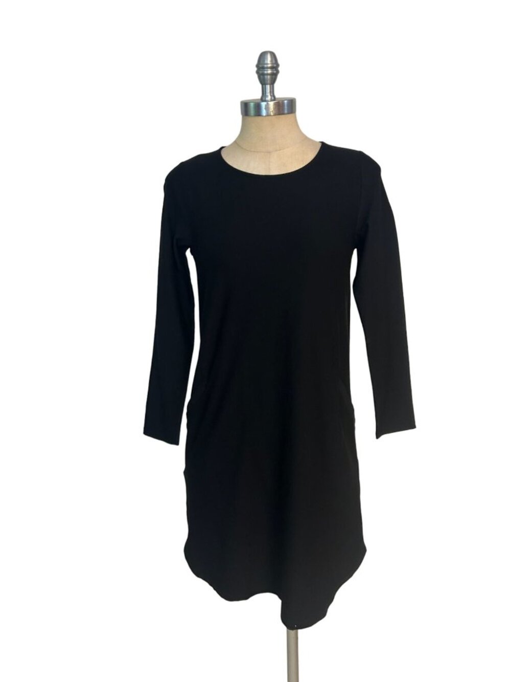 Eileen Fisher Black Lightweight Washable Stretch Crepe Jewel Neck Dress Petite